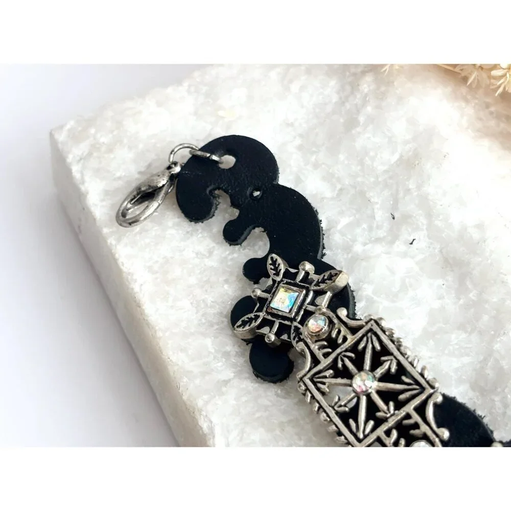 Faux Black Leather Boho Gemstone Silver T Adjustable Vintage Bracelet - 7